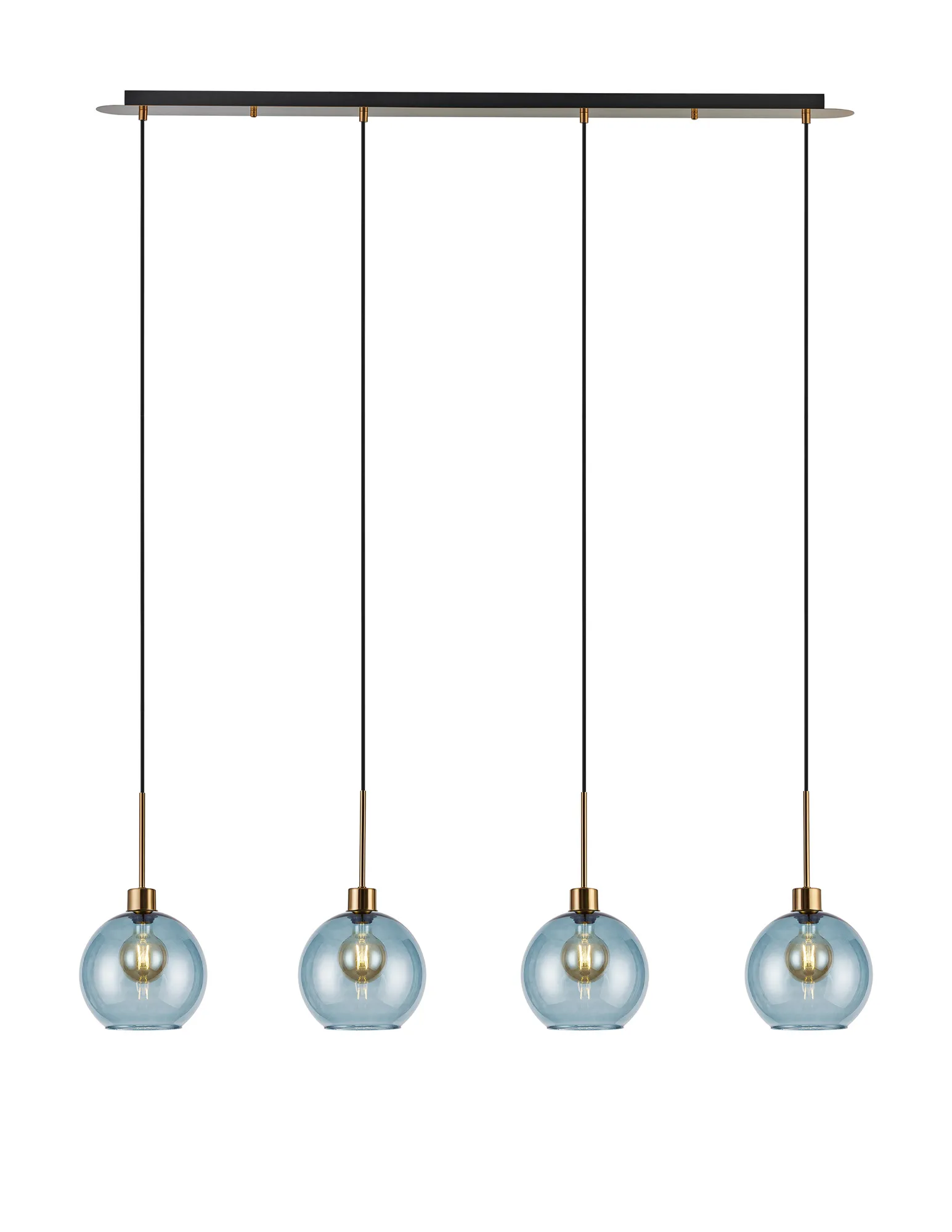 DK1223  Lori Linear Pendant, 4 Light Adjustable E27, Antique Gold/Blue Open Mouth Round Globe Shades